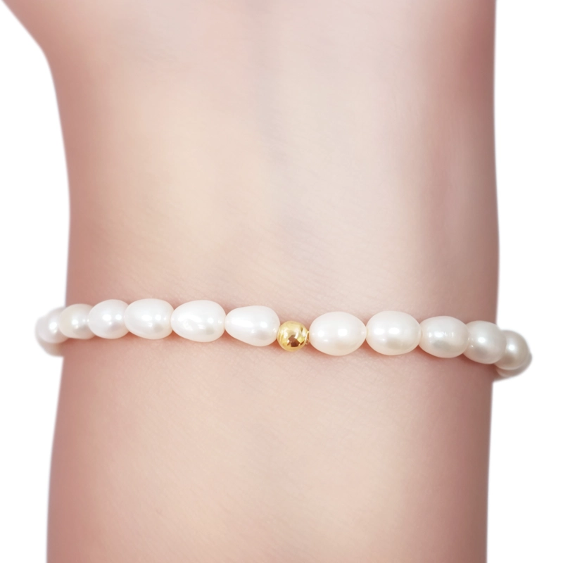 PULSERA PERLA DE RIO ARLARGADA BOLA ENCHAPADO ORO 18K ELASTICADA - 3