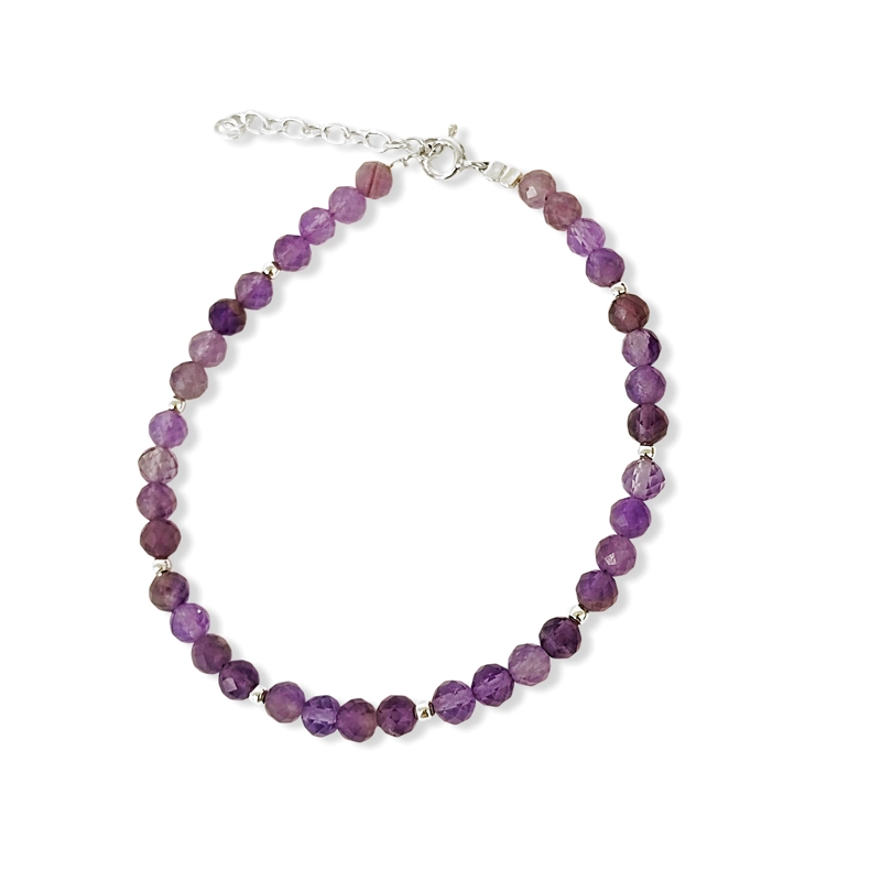 PULSERA AMATISTA FACETADA 4MM BOLITA PLATA FINA 925 - 1