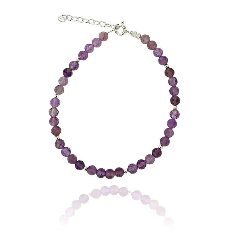 PULSERA AMATISTA FACETADA 4MM BOLITA PLATA FINA 925 - 2