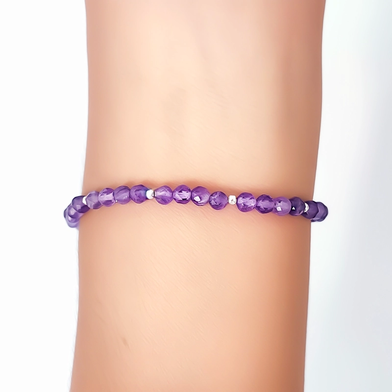 PULSERA AMATISTA FACETADA 4MM BOLITA PLATA FINA 925 - 3