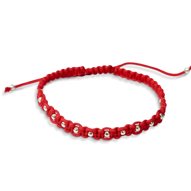 PULSERA TEJIDA CORDON ROJO BOLITAS PLATA FINA 925 - 1