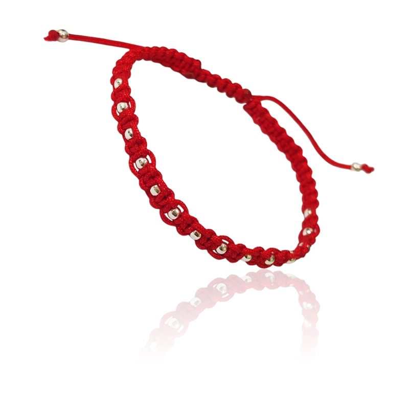 PULSERA TEJIDA CORDON ROJO BOLITAS PLATA FINA 925 - 2