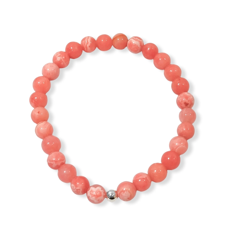 PULSERA RODOCROSITA 6MM BOLA PLATA FINA 925 ELASTICADA - 1