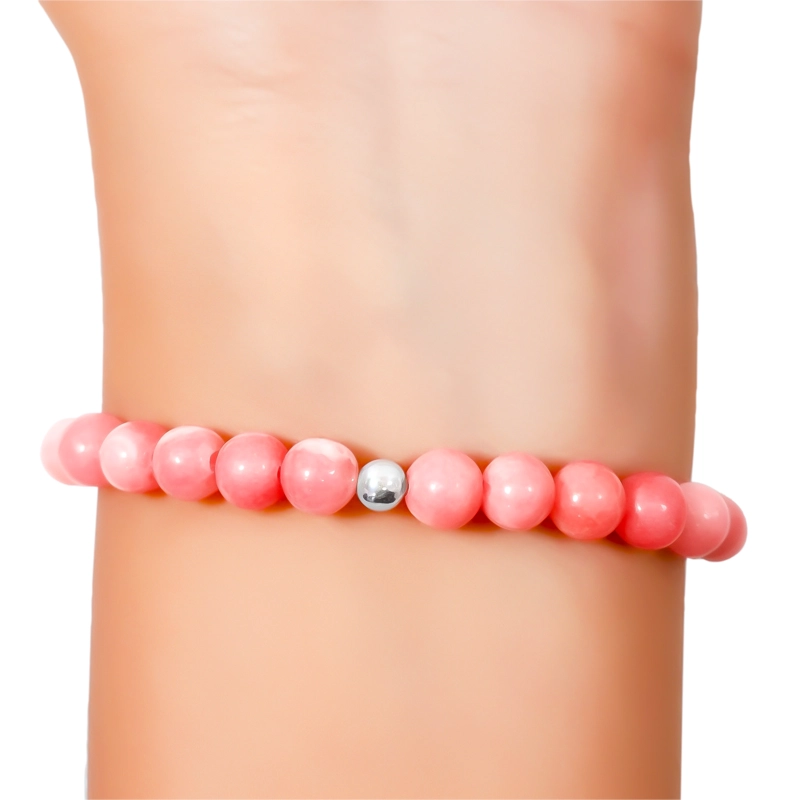 PULSERA RODOCROSITA 6MM BOLA PLATA FINA 925 ELASTICADA - 3