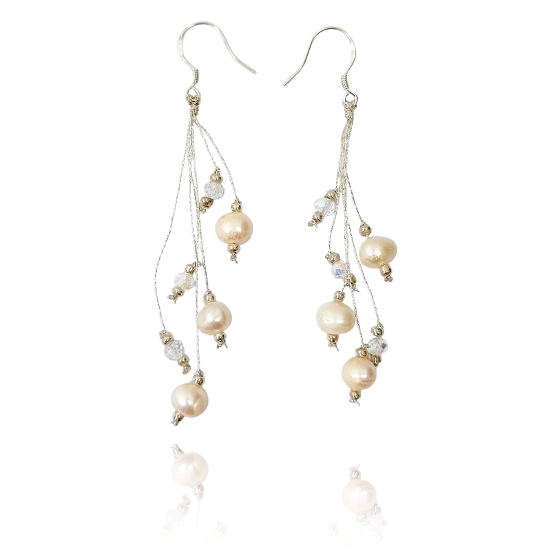 AROS RACIMO PERLAS DE RÌO HILOS PLATEADO GANCHO PLATA FINA 925 - 1