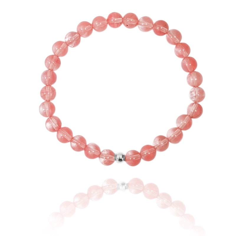 PULSERA CUARZO ROSA CHERRY 6MM BOLITA PLATA FINA 925 ELASTICADA - 1