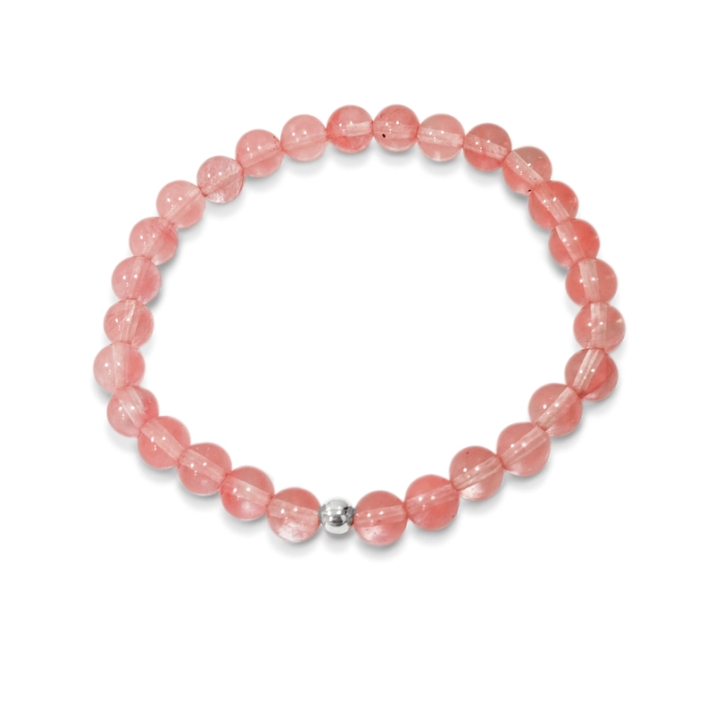 PULSERA CUARZO ROSA CHERRY 6MM BOLITA PLATA FINA 925 ELASTICADA - 2