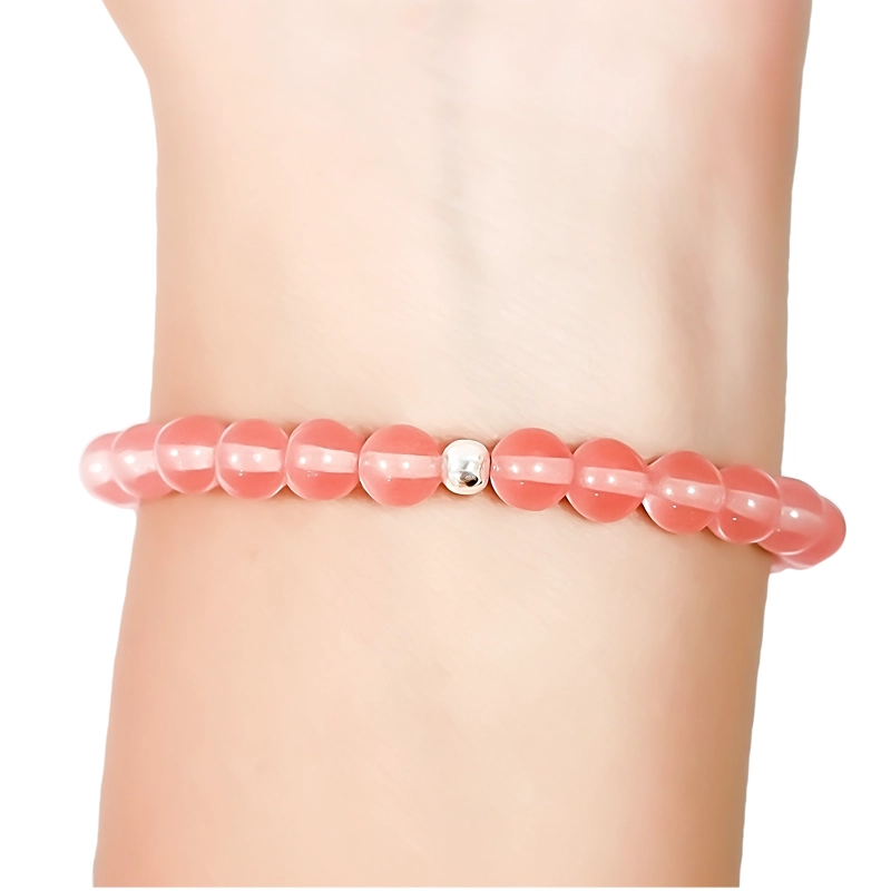 PULSERA CUARZO ROSA CHERRY 6MM BOLITA PLATA FINA 925 ELASTICADA - 3