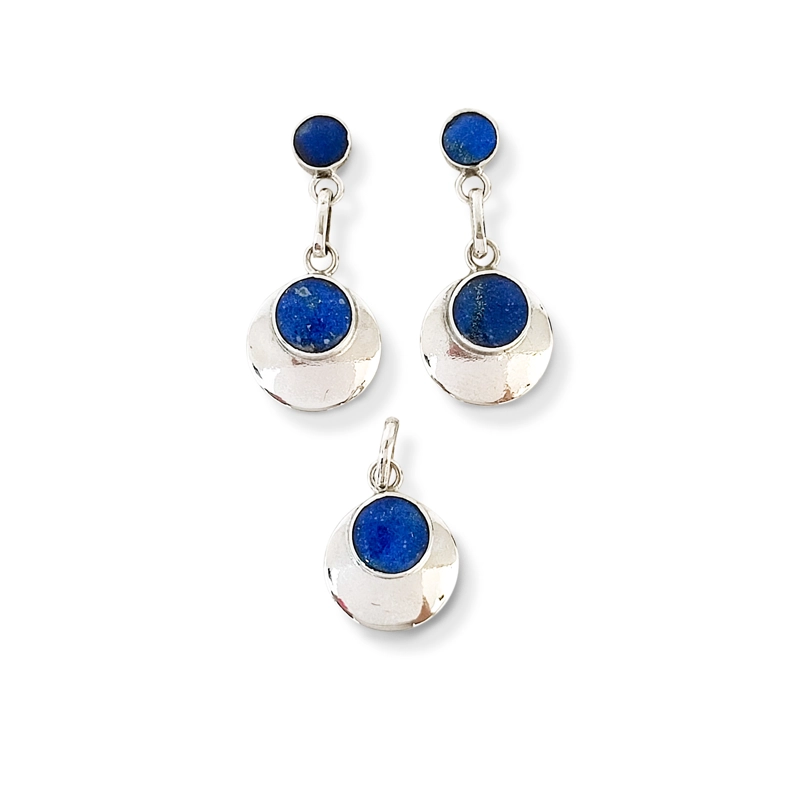 SET COLGANTE Y AROS LAPISLAZULI REDONDO BORDE PLATA FINA 950 - 1