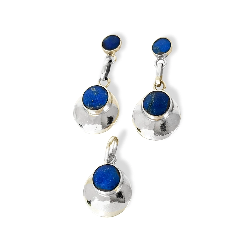 SET COLGANTE Y AROS LAPISLAZULI REDONDO BORDE PLATA FINA 950 - 2