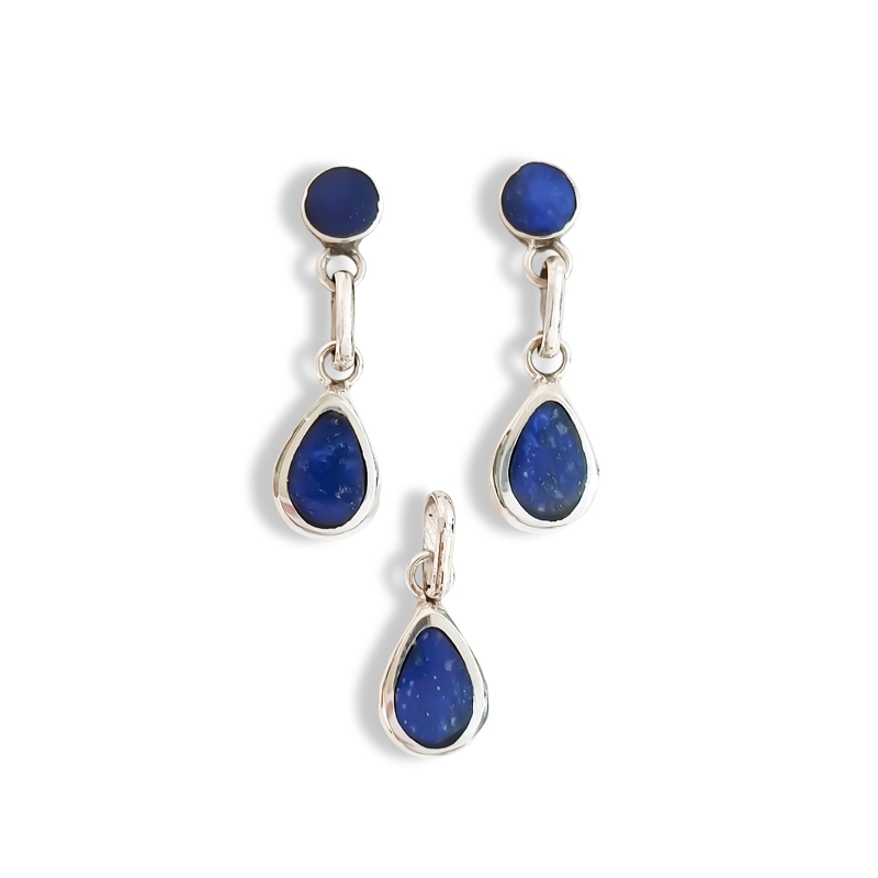 SET AROS COLGANTE GOTA LISO LAPISLAZULI PLATA FINA 950 - 1