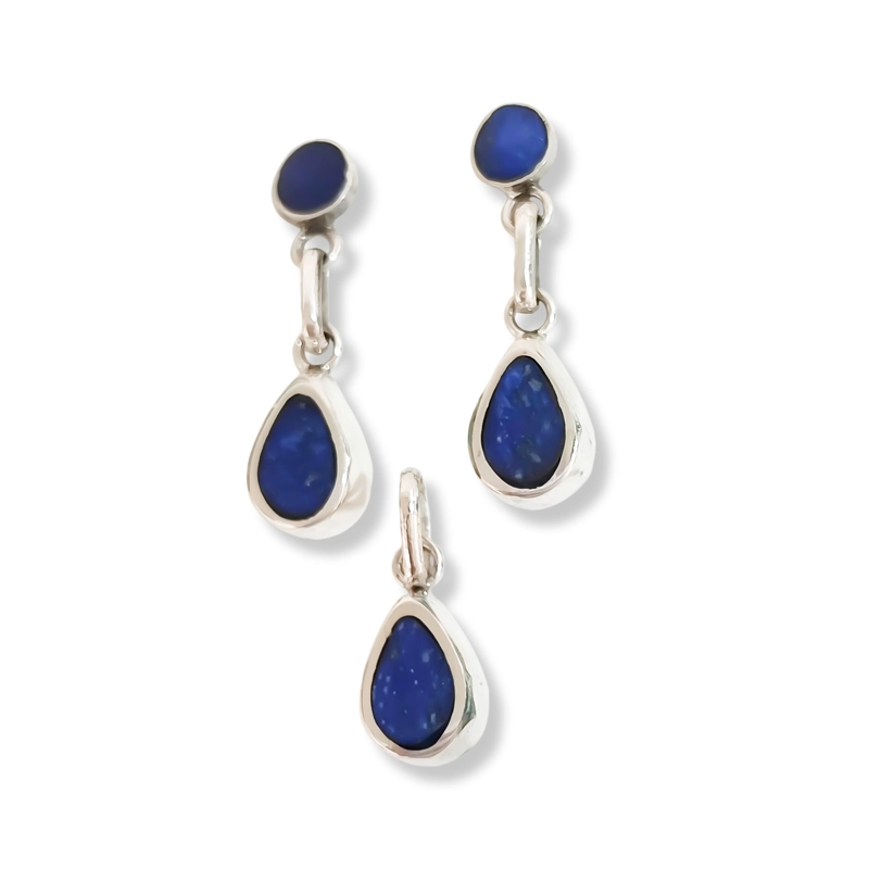 SET AROS COLGANTE GOTA LISO LAPISLAZULI PLATA FINA 950 - 2