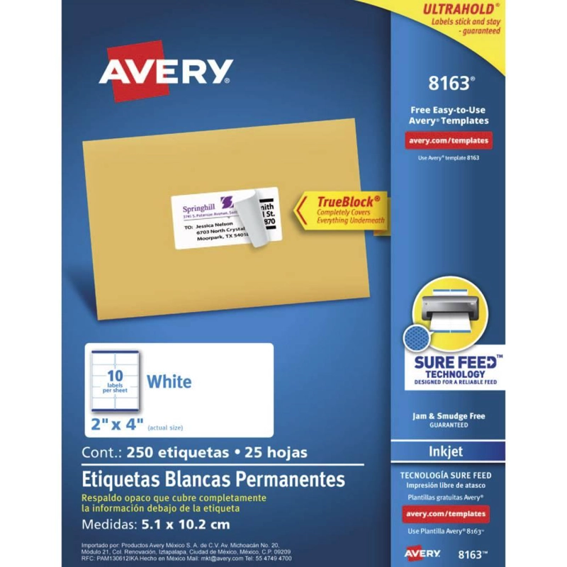 250 ETIQUETAS ADHESIVAS AVERY INKJET 50X100 MM BLANCA 25HJS - 1