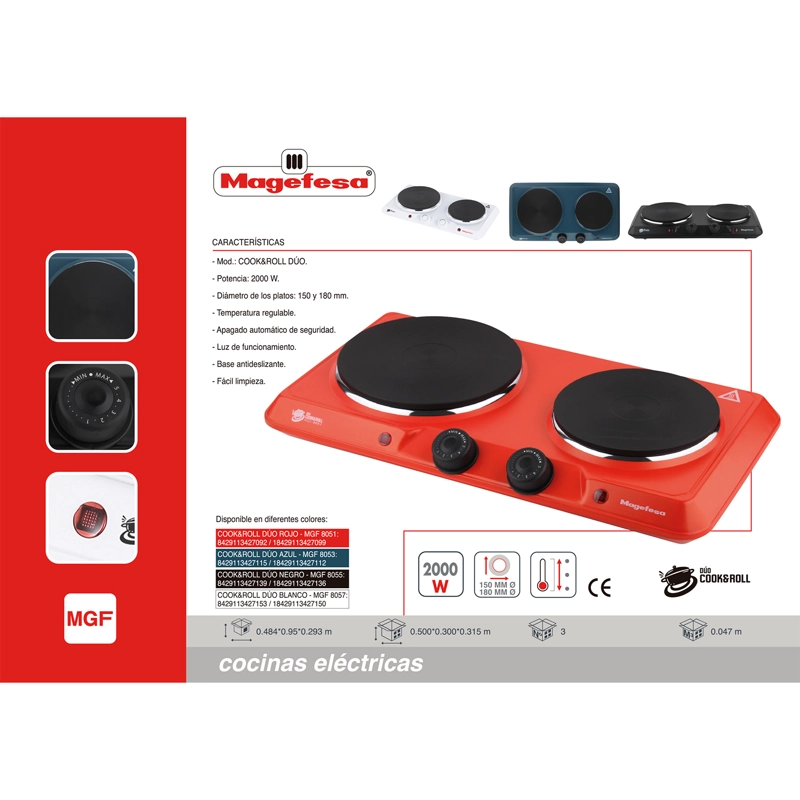 COCINA ELECTRICA ENCIMERA MAGEFESA 2 PLATOS 2000W ROJA - 5