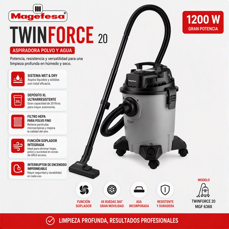 ASPIRADORA Y SOPLADORA POLVO/AGUA 20L MAGEFESA 1200W - 3