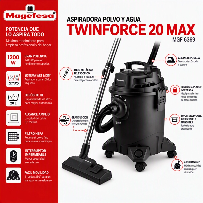 ASPIRADORA Y SOPLADORA POLVO/AGUA 20L MAGEFESA 1200W - 3