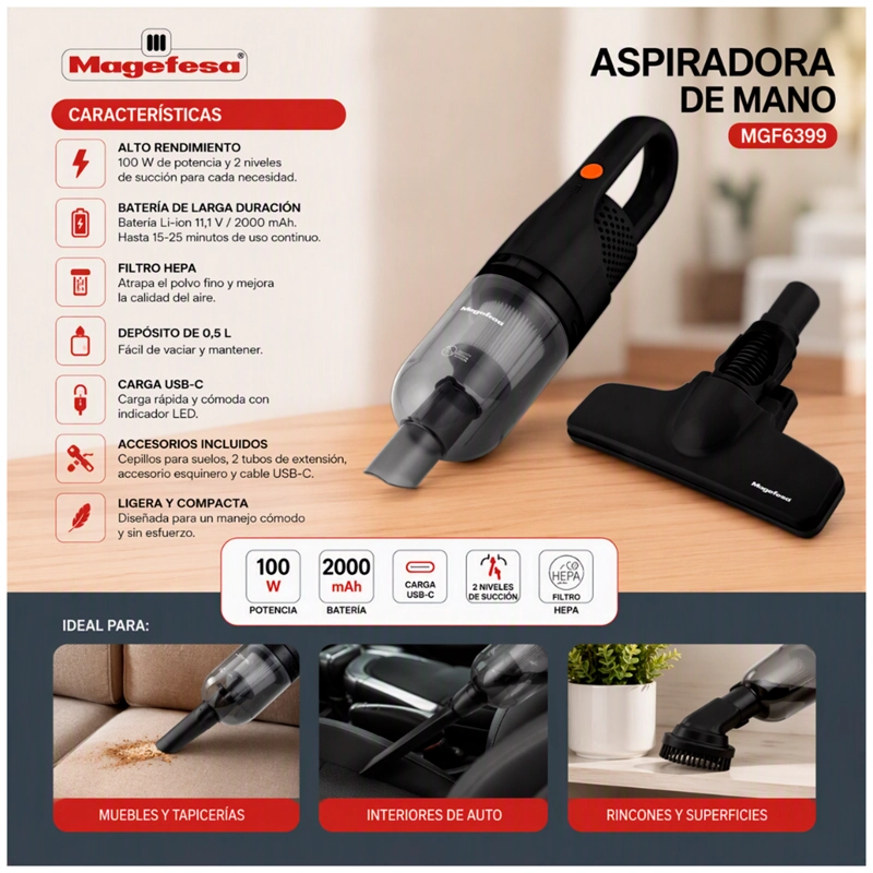 ASPIRADORA DE MANO INALAMBRICA MAGEFESA 100W- - 2