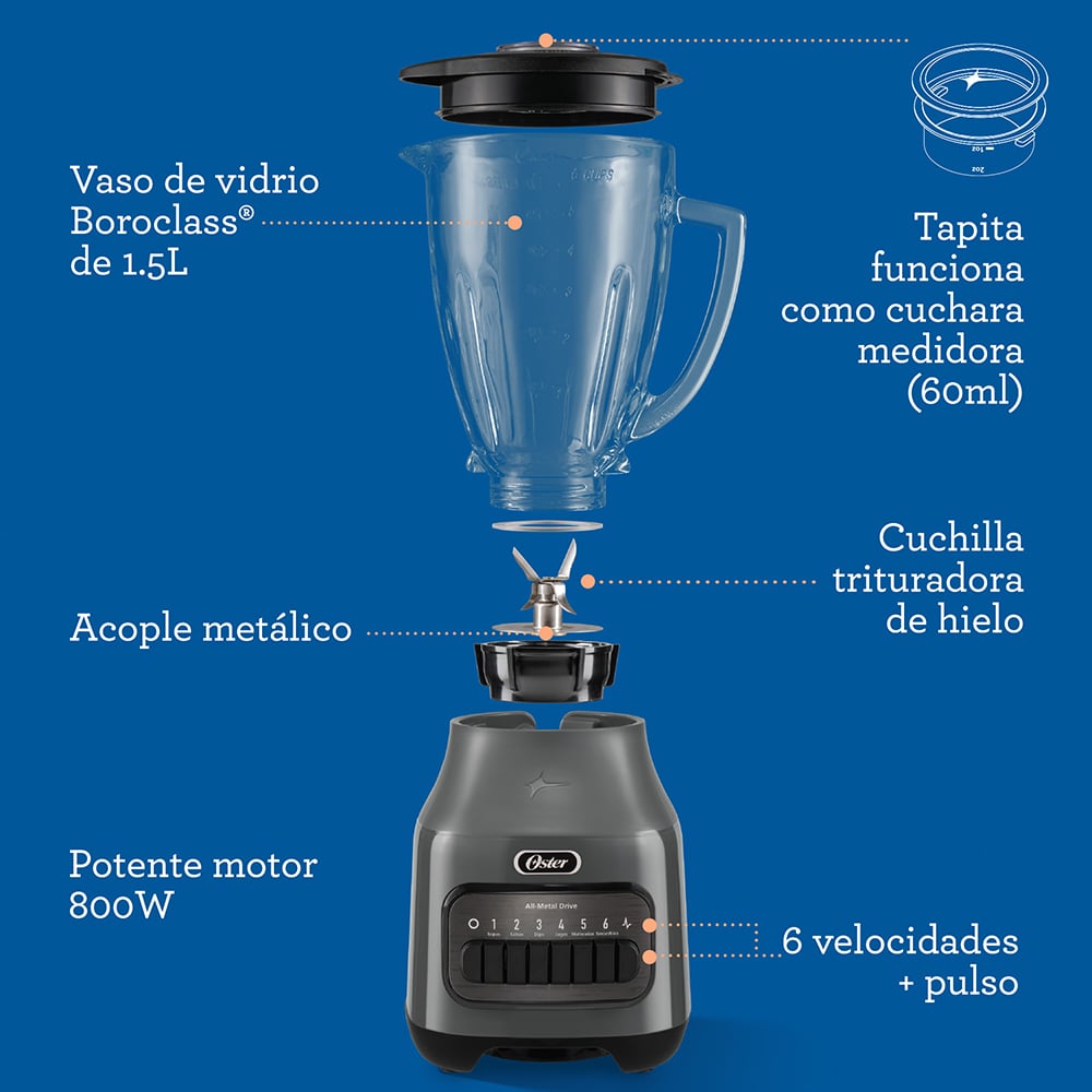LICUADORA OSTER BLSTPEG-GPB-052 800 W 1.5 L VASO VIDRIO 6 VELOCIDADES + PULSO BLSTPEGGPB - 8