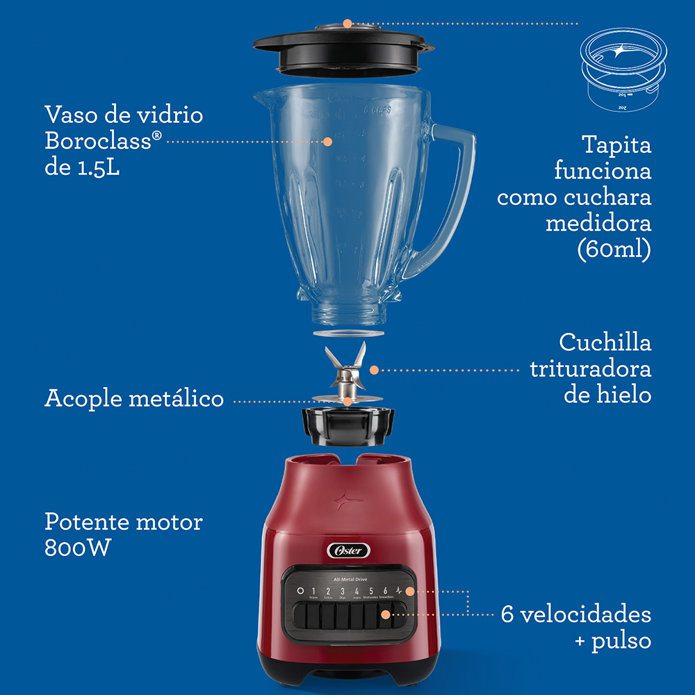 LICUADORA OSTER BLSTPEG-RPB-052 800 W 1.5 L VASO VIDRIO 6 VELOCIDADES + PULSO BLSTPEGRPB - 8