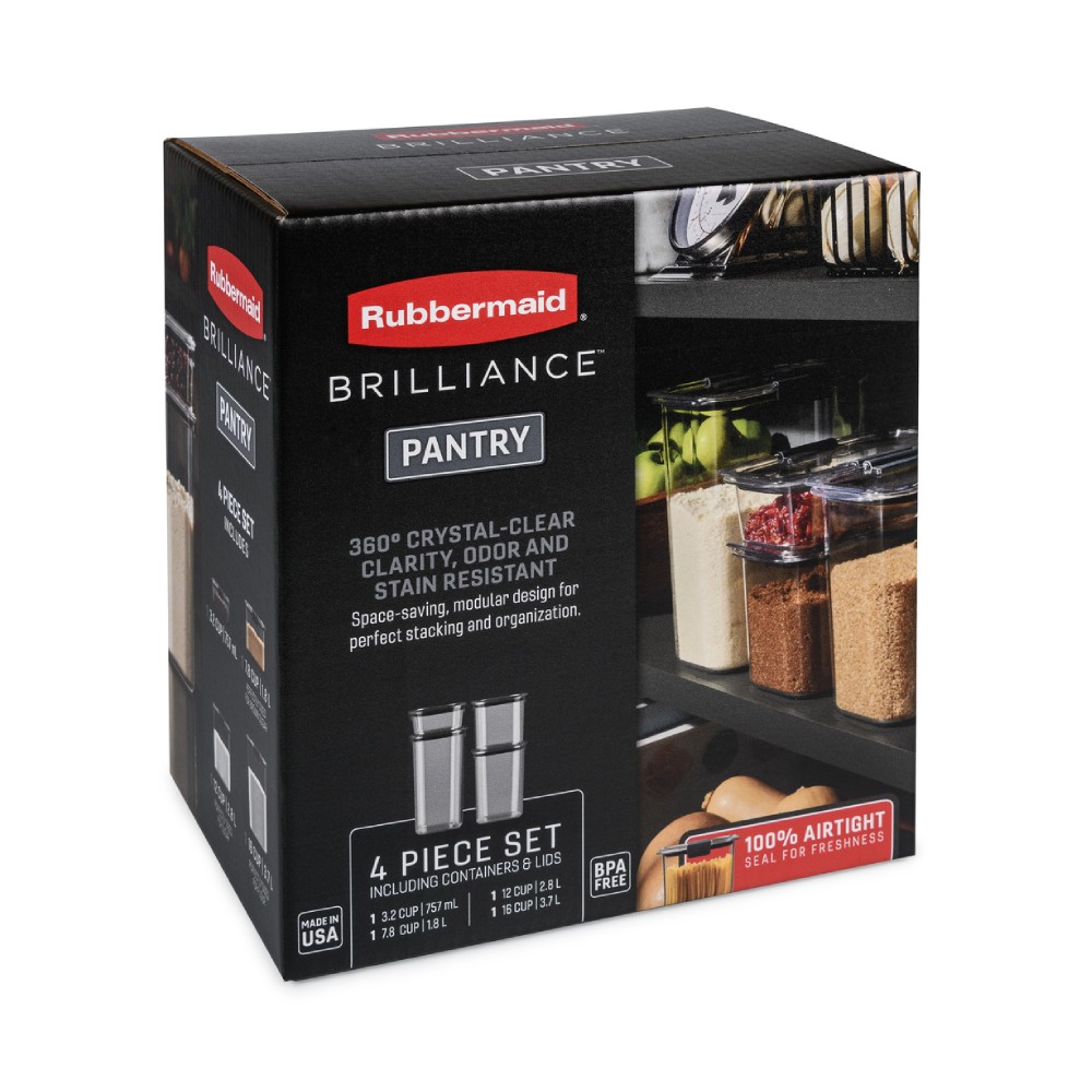SET DE 4 CONTENEDORES HERMÉTICOS RUBBERMAID BRILLIANCE DE 760 ML, 1.5 L, 2.8 L Y 3.7 L - 3