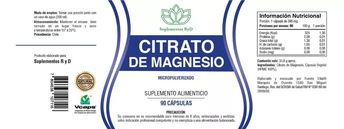SUPLEMENTO ALIMENTICIO SWANSON CITRATO DE MAGNESIO 90 CÁP 398MG RYD - 2