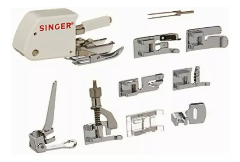 SINGER ACCESORIOS: 9 PRENSA TELAS, AGUJA DOBLE Y ESTUCHE COLOR PLATEADO - 1
