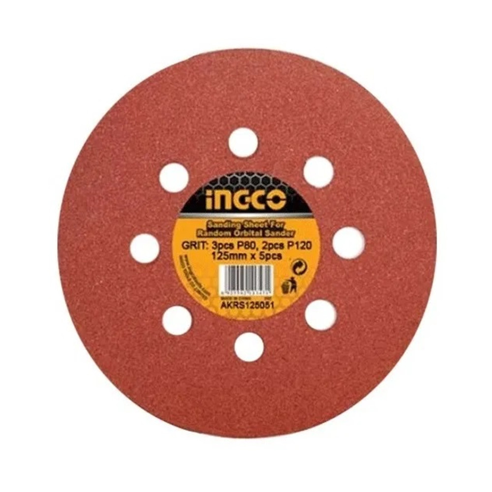 5 DISCOS INGCO AKRS125051 LIJA PARA PULIR 125 MM VELCRO GRANO VARIADO - 1