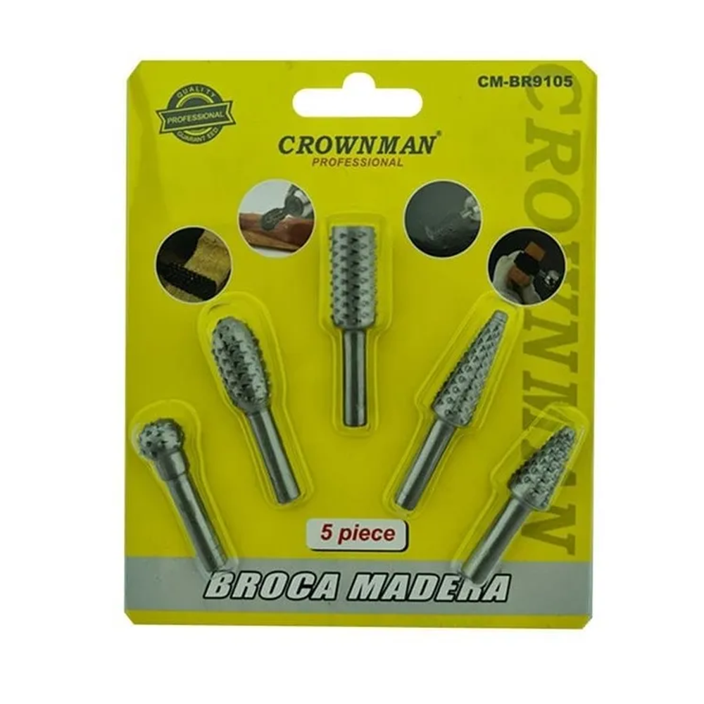 KIT JUEGO BROCAS MADERA ESCOFINA ROTATIVA 1/4 5 PIEZAS CROWNMAN CMBR9105 - 1