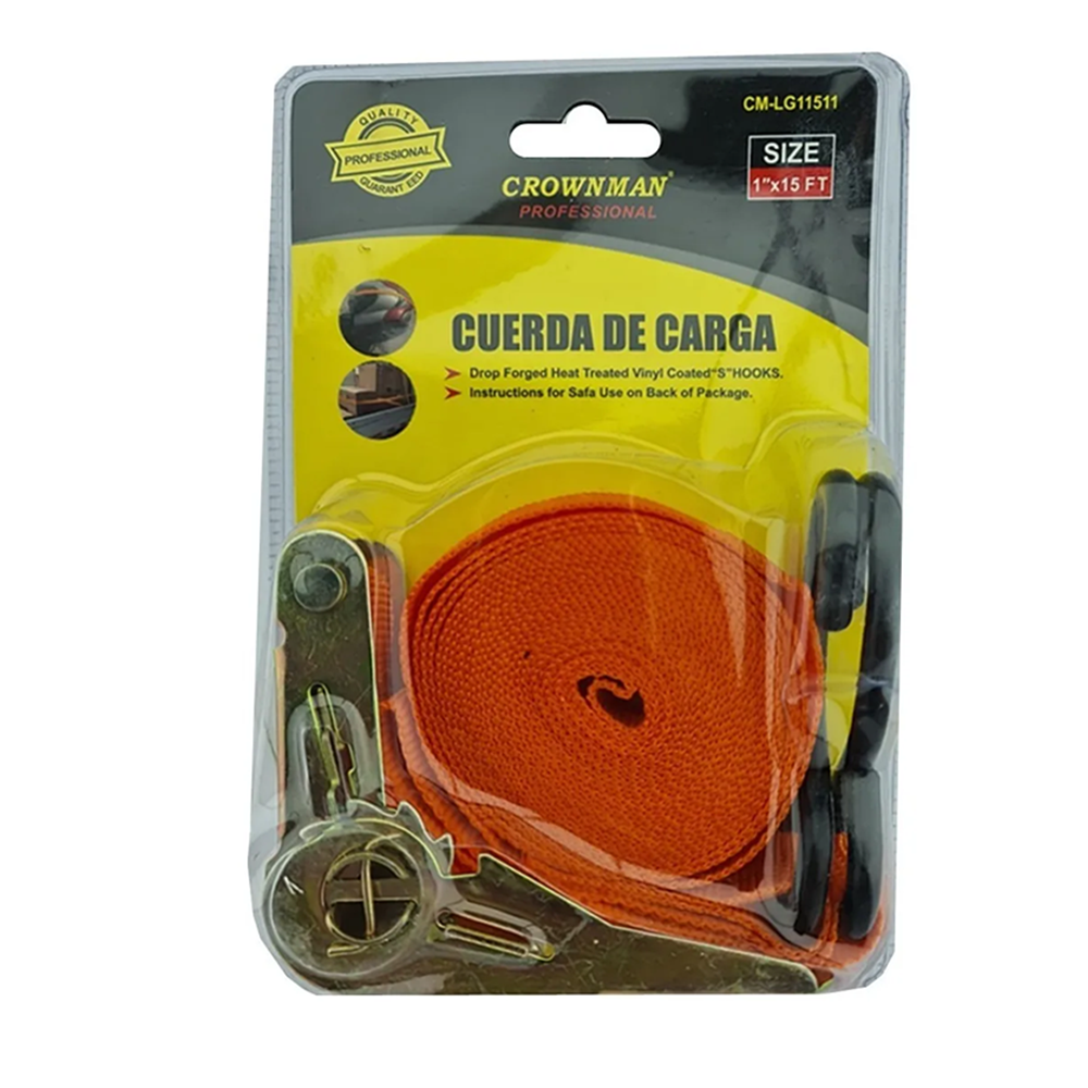 ESLINGA CINTA AMARRE CON RATCHET 1 PULGADA X 15 FT CROWNMAN CM-LG11511 - 1