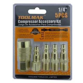 KIT JUEGO ACCESORIOS ACOPLES RAPIDO P/ COMPRESOR 5 PCS TOOLMAK TMK19486 - 1