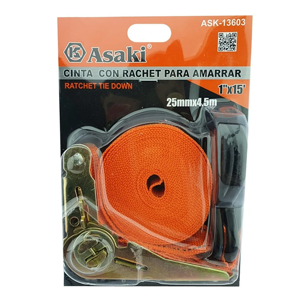 ESLINGA CINTA AMARRE CON RATCHET 1 PULGADA X 15 FT ASAKI ASK13603 - 1