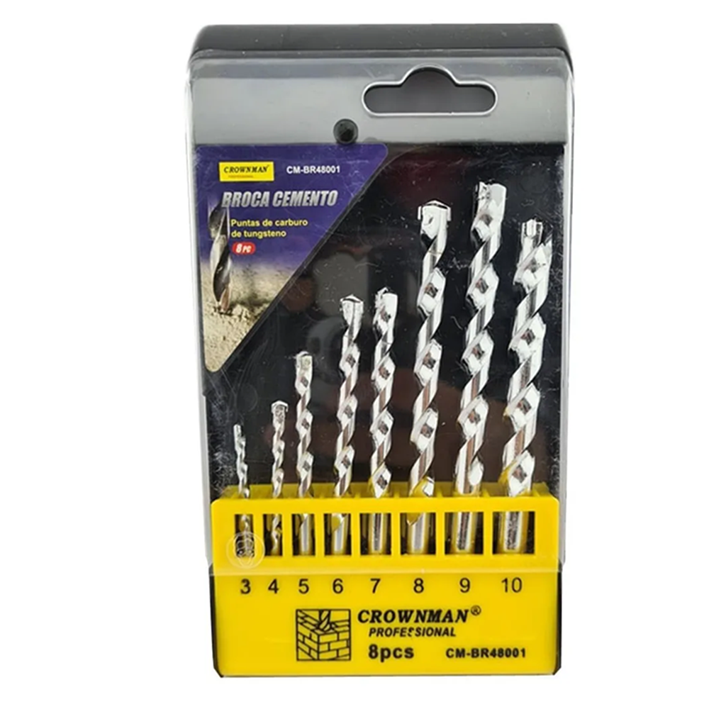 KIT SET JUEGO BROCAS PARA CEMENTO CONCRETO 8 PIEZAS CROWNMAN CMBR48001 - 1