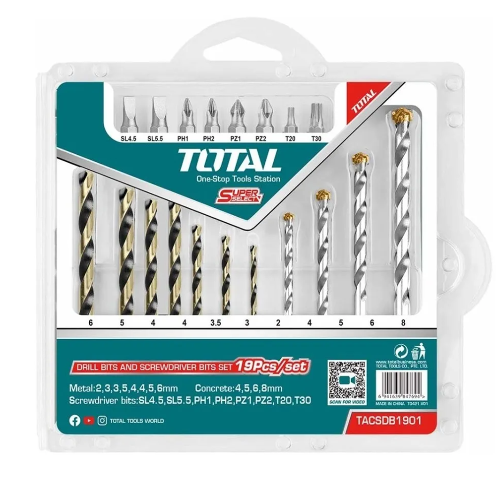 JUEGO BROCAS Y PUNTAS P/ ATORNILLADOR TALADRO 19 PCS TOTAL TACSDB1901 - 1