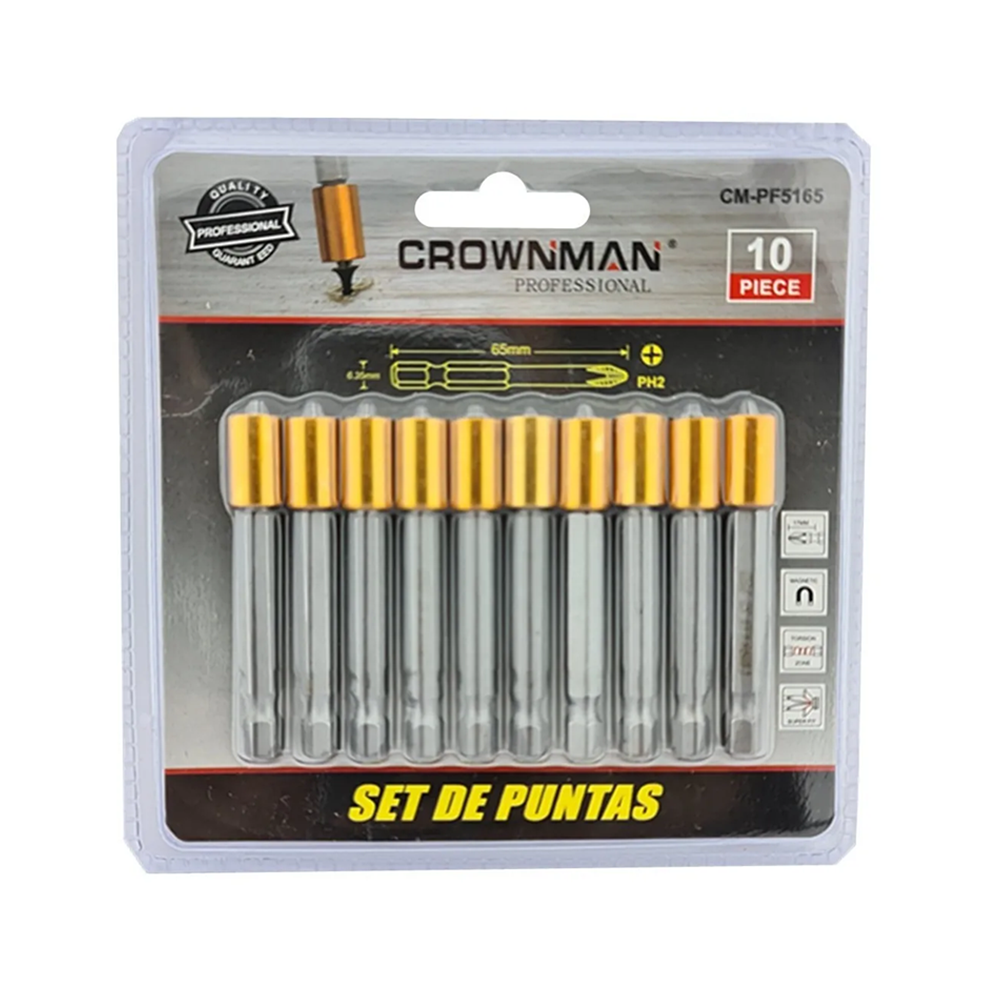 JUEGO 10 CROWNMAN CMPF5165 PUNTAS PHILLIPS HEXAGONAL MAGNETICO CM-PF5165 - 1