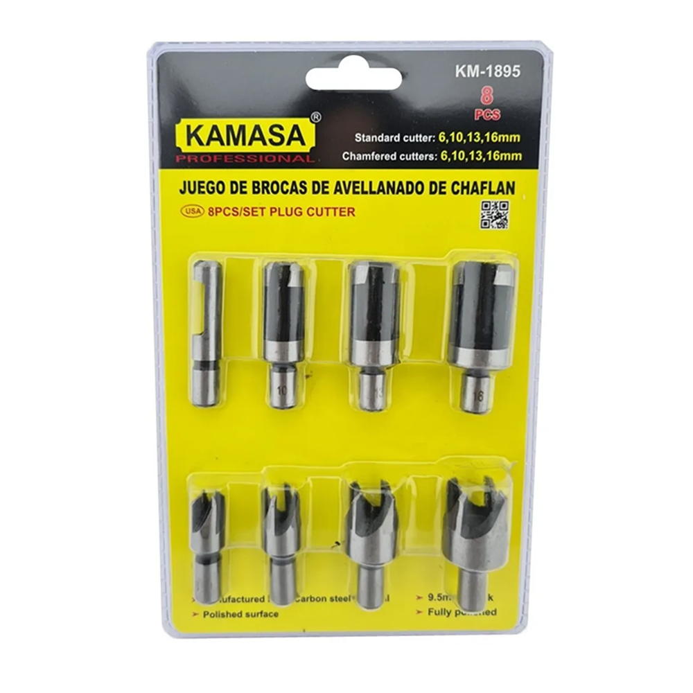 KIT JUEGO BROCAS DE AVELLANADO CARPINTERIA CHAFLAN 8 PCS KAMASA KM1895 - 2