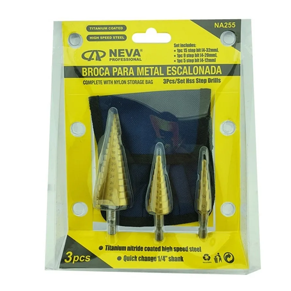 JUEGO SET DE 3 BROCA ESCALONADA 4-32 4-20 4-12 MM NEVA NA255 - 1