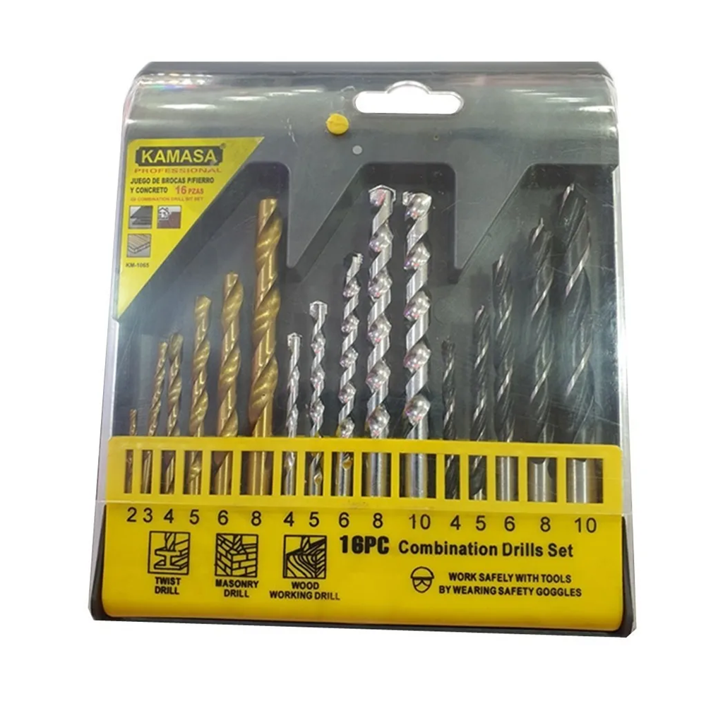JUEGO DE BROCAS PARA MADERA CEMENTO METAL 16 PIEZAS KAMASA KM1065 - 1