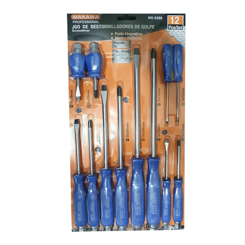 KIT SET JUEGO DE DESTORNILLADORES DE GOLPE 12 PIEZAS MAKAWA MK0396 - 1