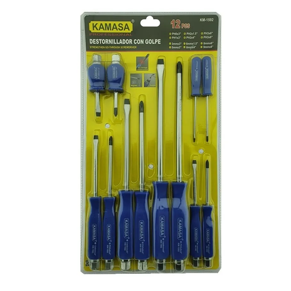SET KIT JUEGO DE DESTORNILLADORES DE GOLPE 12 PIEZAS KAMASA KM1592 - 1
