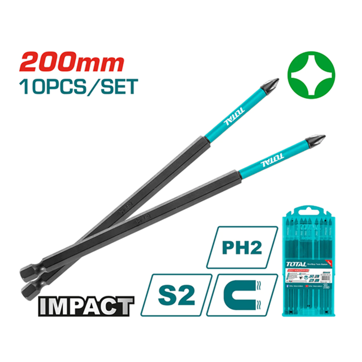 PUNTA TOTAL TACIM16PH285 PHILLIPS IMPACTO S2 PH2 200 MM MAGNÉTICO 10 PCS - 2