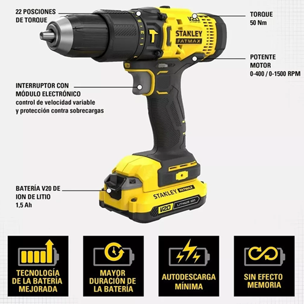 TALADRO ATORNILLADOR PERCUTOR 13MM 20V 2BAT + CARG STANLEY - 3