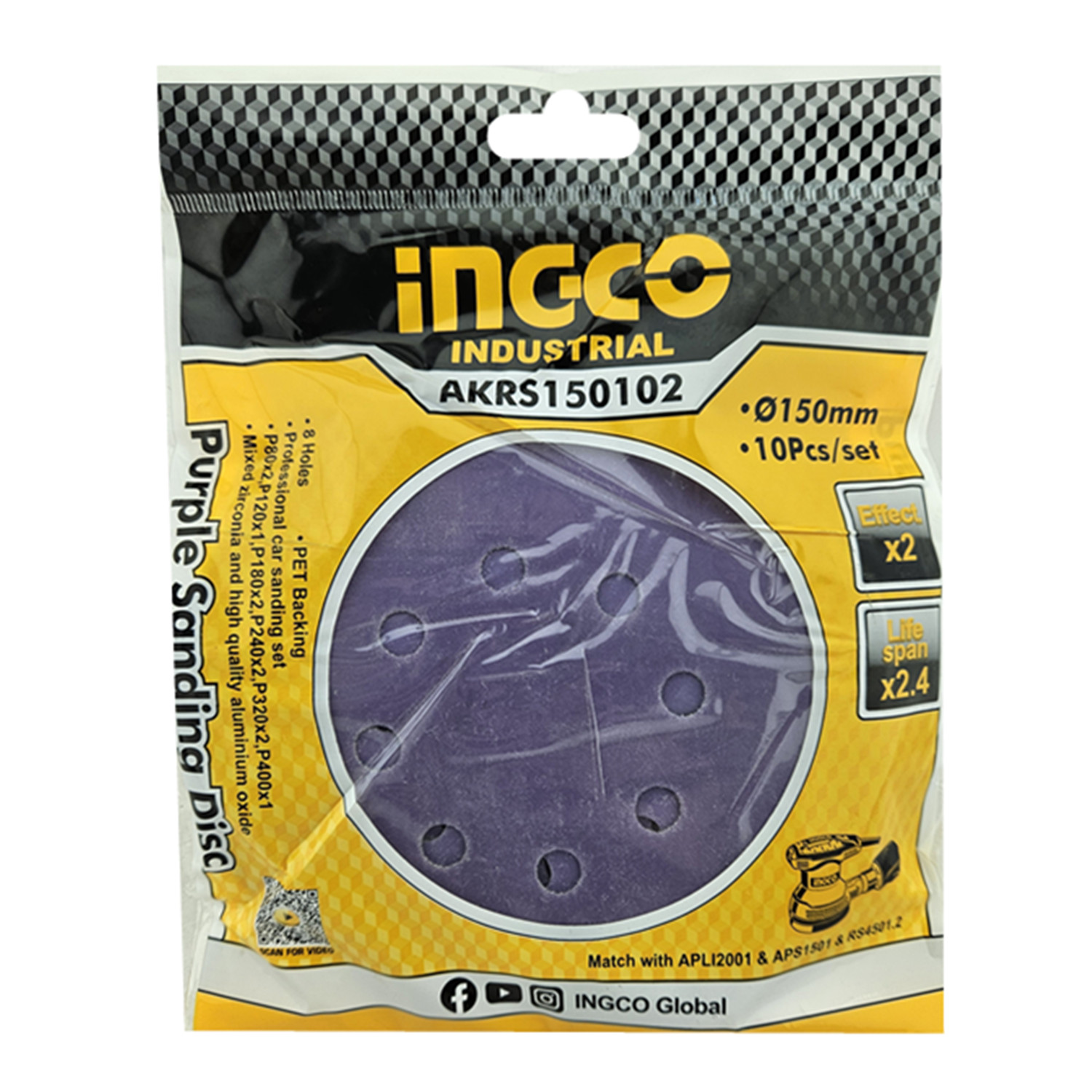 10 DISCO INGCO AKRS150102 LIJA ZIRCONIO 150 MM VELCRO GRANO VARIADO - 1