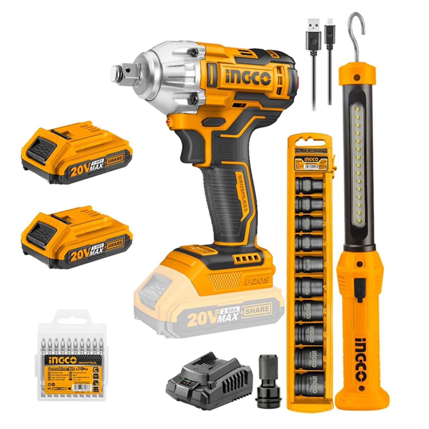 KIT LLAVE DE IMPACTO 20V + LAMPARA LED+ DADOS Y PUNTAS INGCO - 1