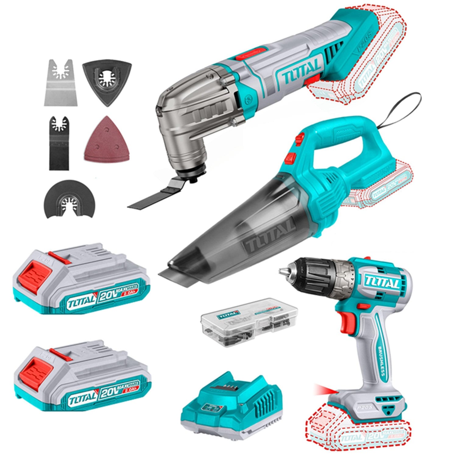 KIT TALADRO+ ASPIRADORA+ HERRAMIENTA OSCILANTE MULTIUSO 20V - 1