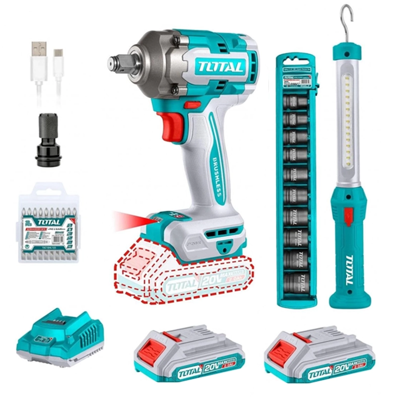 KIT LLAVE DE IMPACTO 20V + DADOS Y PUNTAS+ LAMPARA LED TOTAL - 1