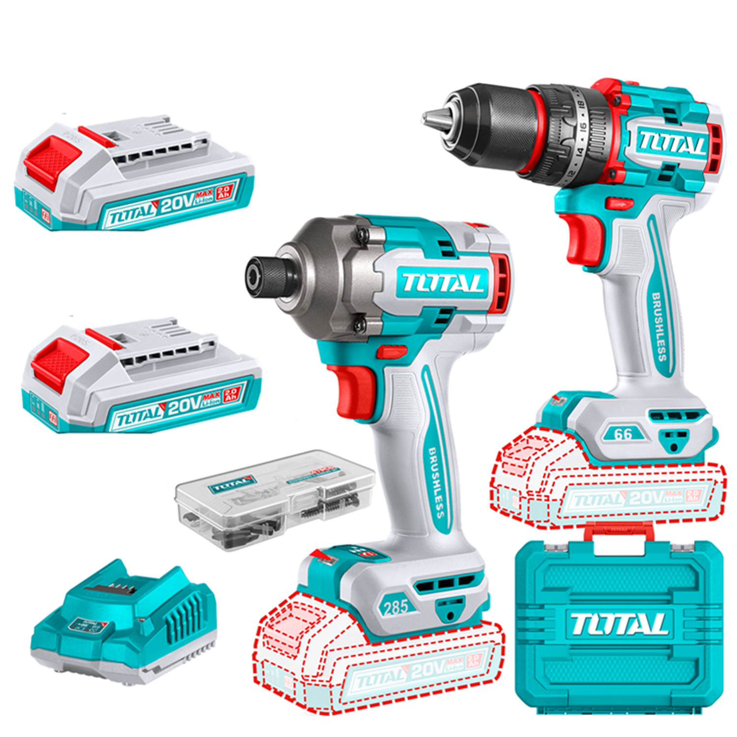 KIT ATORNILLADOR DE IMPACTO+ TALADRO 20V 2BAT+ CARG TOTAL - 1