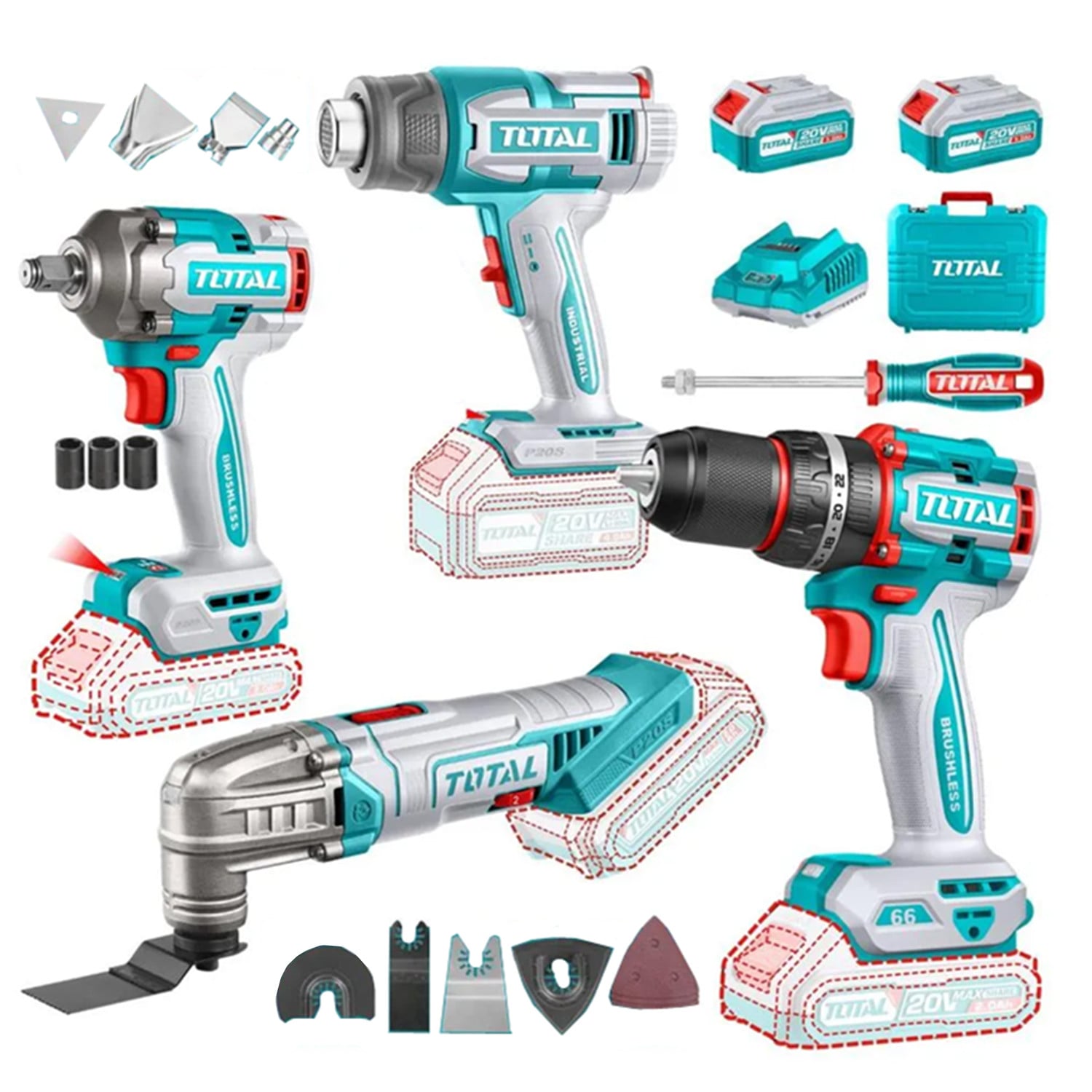 LLAVE IMPACTO+ TALADRO+ PISTOLA DE CALOR+OSCILANTE 20V TOTAL - 1