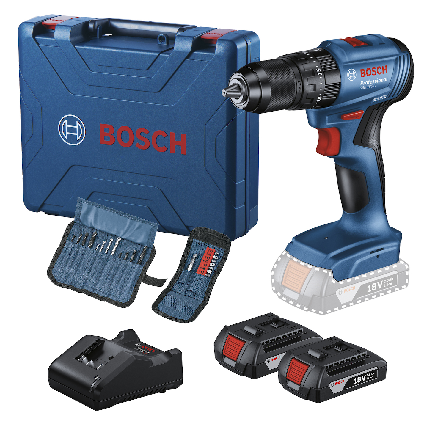 TALADRO PERCUTOR INALAMBRICO GSB 185-LI BOSCH 2 BAT+CARG+ACC - 1