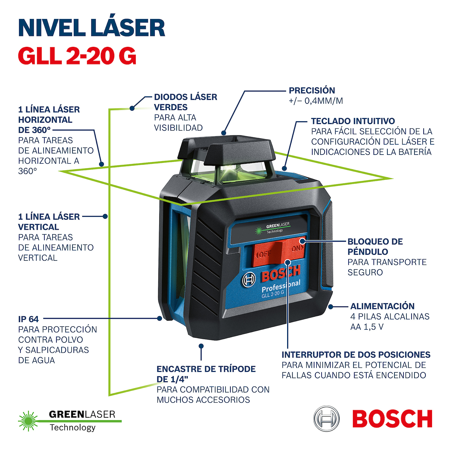 NIVEL LÁSER BOSCH LÍNEAL 360° HORIZ/VERT MOD: GLL 2-20 G - 9