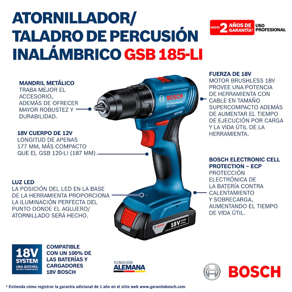 TAL PERC 18V GSB 185LI+ SIE CALAR+ BOLSO+CARG+ 2BAT 4AH - 8